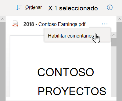 Panel Detalles de OneDrive, con la opción Habilitar comentarios seleccionada en el menú desplegable