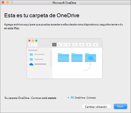 Captura de pantalla de la pantalla Esta es tu carpeta de OneDrive después de elegir una carpeta en el asistente de bienvenida a OneDrive en un equipo Mac