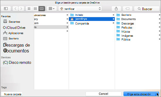 Captura de pantalla de elección de una ubicación de carpeta en el asistente de bienvenida a OneDrive en un equipo Mac