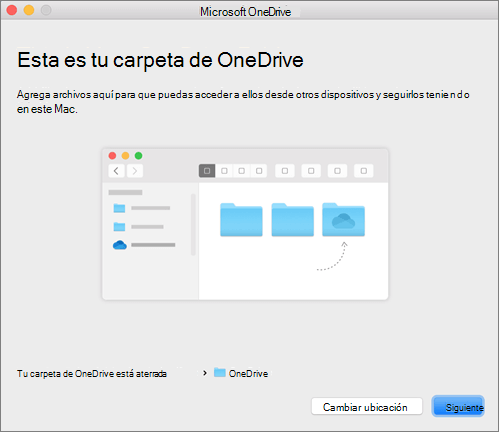 Captura de pantalla de la página Esta es tu carpeta de OneDrive en el asistente de bienvenida a OneDrive en un equipo Mac
