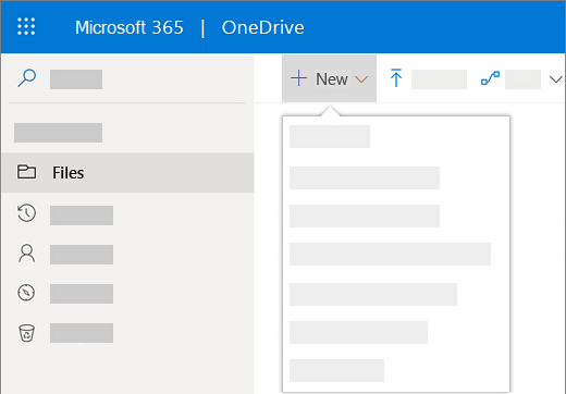 Captura de pantalla de la selección del menú Nuevo para crear un nuevo documento en OneDrive para la Empresa