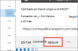 Seleccione el comando Seguir en el menú de la tarjeta emergente en OneDrive para la Empresa