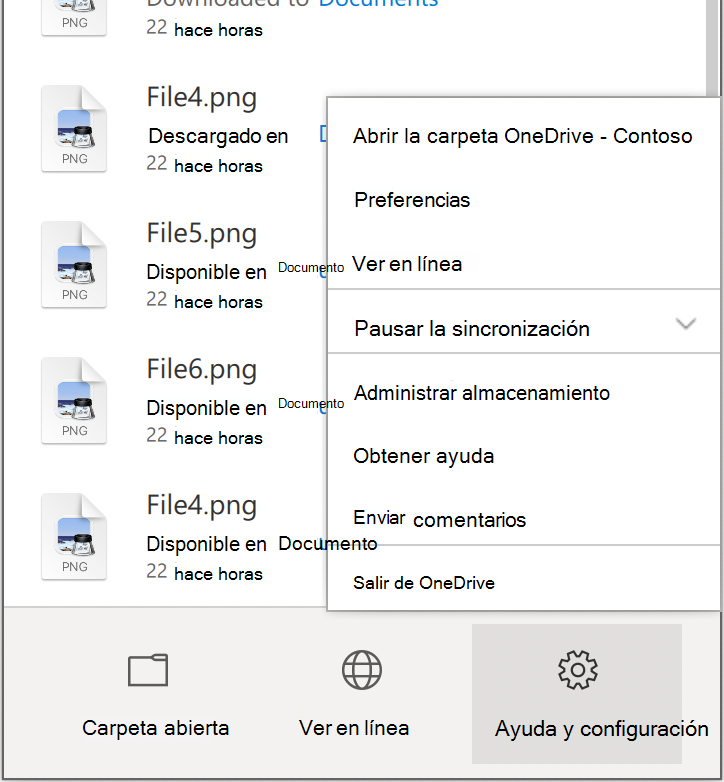 Muestra el menú de Ayuda & configuración de OneDrive, con Preferencias cerca de la parte superior.
