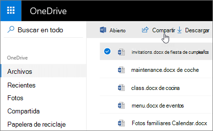 Captura de pantalla de un archivo seleccionado y del botón Compartir de OneDrive.