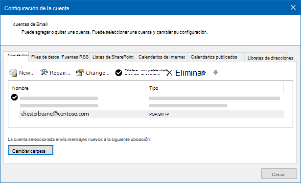 Cuadro de diálogo configuración de la cuenta de Outlook