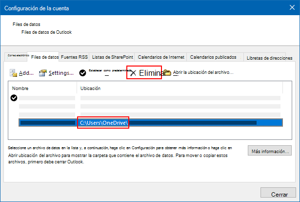 Cuadro de diálogo Archivos de datos de Outlook