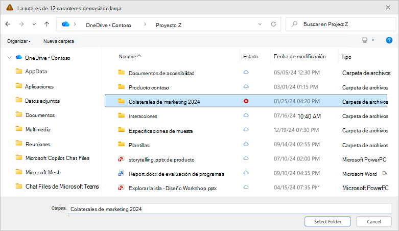 Captura de pantalla que muestra el cuadro de diálogo seleccionar carpeta de OneDrive.