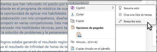 Parte del texto seleccionado en OneNote. Se muestra el menú contextual, con Copilot seleccionado y Reescribir seleccionado en el submenú.