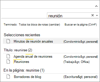 Use Buscar para buscar notas en cualquier lugar dentro OneNote.