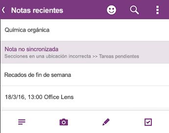La lista Notas recientes de OneNote para Android