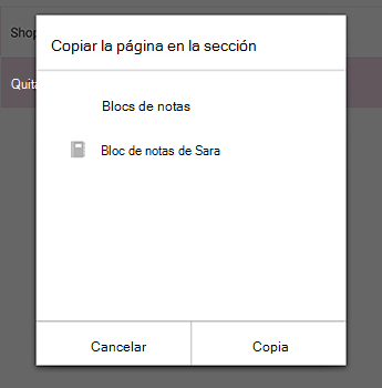 Menú Copiar página en OneNote para Android