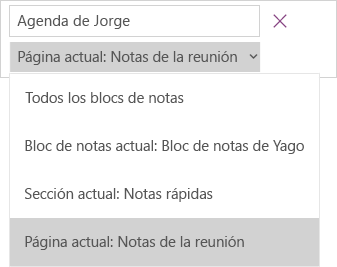 Muestra el menú desplegable de búsqueda con opciones de ámbito y la página actual activa.