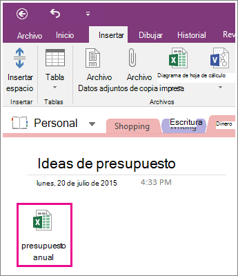Captura de pantalla de una hoja de cálculo adjunta en OneNote 2016.