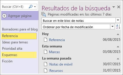 Captura de pantalla de resultados de búsqueda por intervalo de fechas en OneNote 2016.