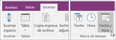 Captura de pantalla del botón Fecha y hora en OneNote 2016.