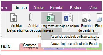 Captura de pantalla del botón Insertar hoja de cálculo en OneNote 2016.