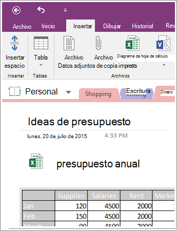 Captura de pantalla de una hoja de cálculo incrustada en OneNote 2016.