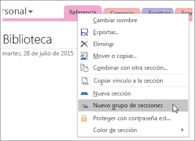 Captura de pantalla de cómo crear un nuevo grupo de secciones en OneNote 2016.