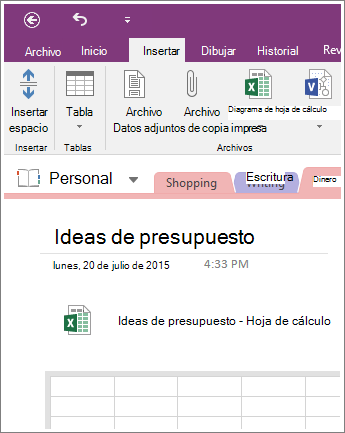 Captura de pantalla de una hoja de cálculo nueva en OneNote 2016.