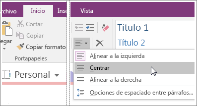 Captura de pantalla del botón Alineación de párrafo en OneNote 2016.