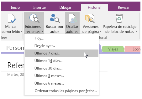 Captura de pantalla del botón Ediciones recientes en OneNote 2016.