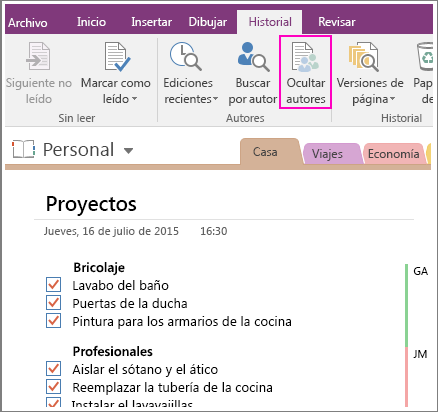 Captura de pantalla del botón Ocultar autores en OneNote 2016
