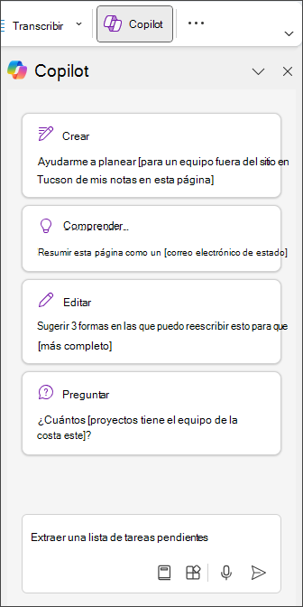 Escriba Extraer lista de tareas pendientes en el panel Copilot en OneNote