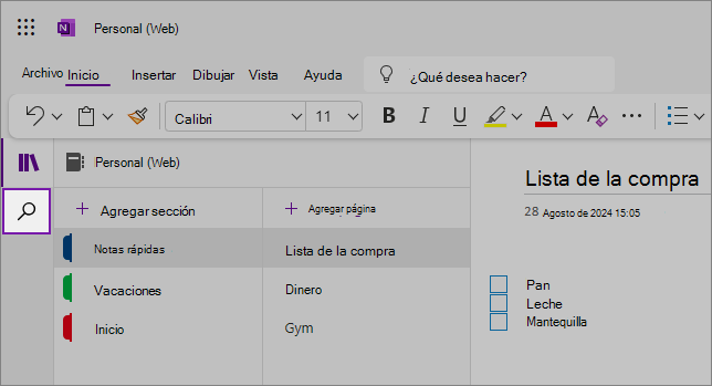 Vista de la interfaz de usuario web de OneNote que muestra el área de contenido