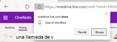 Captura de pantalla de permisos de dictado de OneNote.