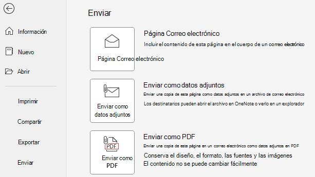 Captura de pantalla de los botones Enviar como datos adjuntos y Enviar como PDF.