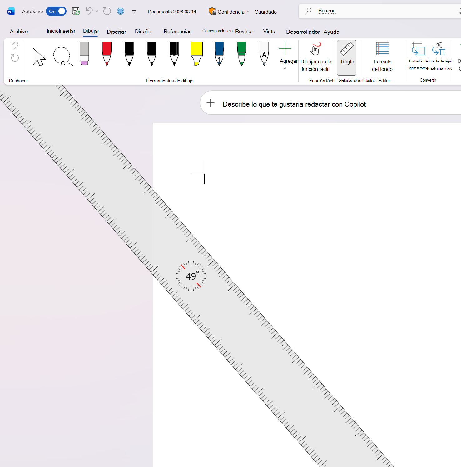 Captura de pantalla de la regla de tabulación Dibujar en Word girada en un ángulo de 49 grados.