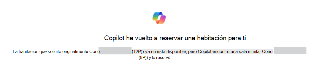 Ejemplo de un Copilot que ha vuelto a reservar una habitación para usted, confirmando la identificación de las habitaciones originales y de sustitución.