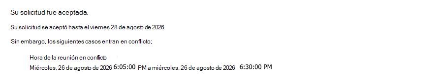 Ejemplo de una solicitud de sala periódica aceptada a través de una cita con una reunión en conflicto.