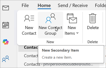 Seleccione Nuevo grupo de contactos. El texto alternativo dirá Nuevo elemento secundario.
