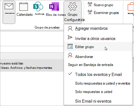 En la cinta de opciones, seleccione Editar grupo de configuración de > grupo