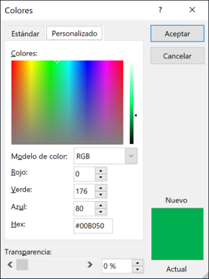 Selector de colores en las aplicaciones de Office. En los campos RGB hay un nuevo campo para especificar el valor de color hexadecimal.