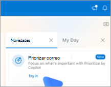 Muestra la pestaña Novedades de Outlook en Mac. Hay un vínculo Probar en Priorizar el correo.