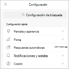 Muestra la configuración en un dispositivo móvil, con Copilot enumerado en Configuración rápida.