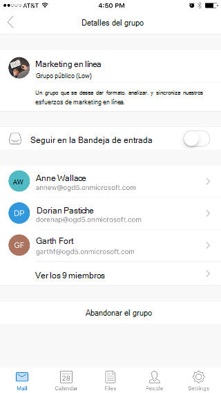 Muestra la página Detalles del grupo, con el botón de alternancia Seguir en la Bandeja de entrada cerca de la parte superior.