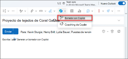 Opción de menú desplegable Borrador con Copilot en el nuevo Outlook