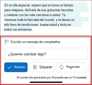 Algunos Después de considerar cuidadosamente el texto de borrador de correo electrónico con Copilot en iOS y Android
