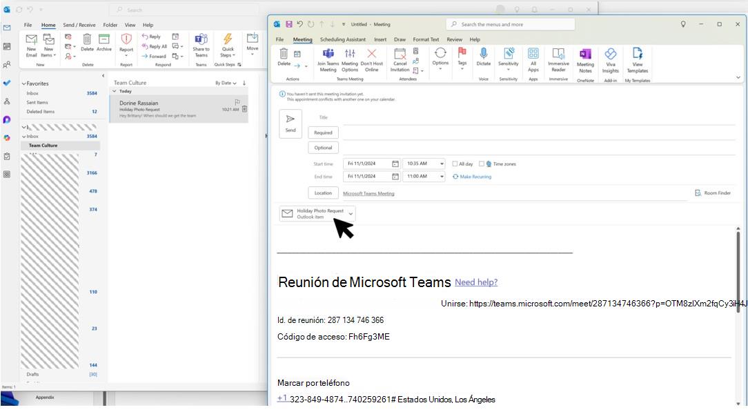 Captura de pantalla que muestra arrastrar y colocar correos electrónicos y datos adjuntos en el espacio del calendario