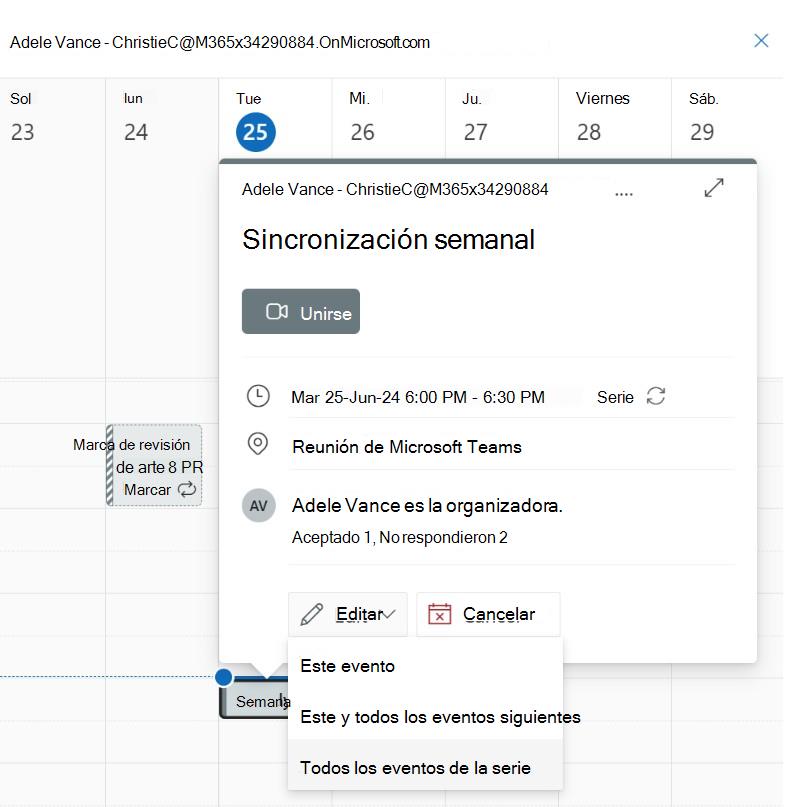 Captura de pantalla que muestra los eventos de edición en una serie