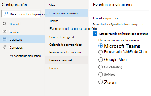 Outlook en la Web: seleccionar el proveedor de reuniones en línea predeterminado
