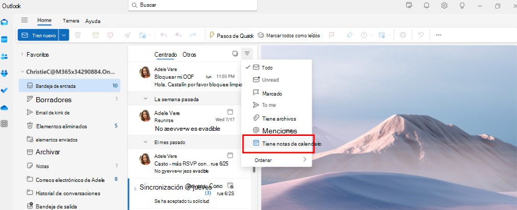 Captura de pantalla que muestra que los administradores ejecutivos pueden usar el filtro de correo electrónico Tiene invitaciones de calendario