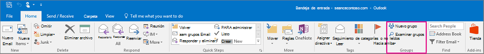 Opciones de grupos en la cinta principal de Outlook