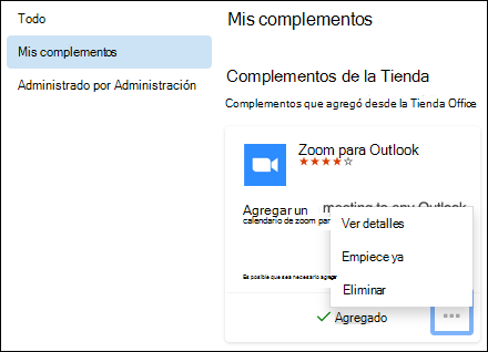 Mi menú de complementos en Outlook para Mac.