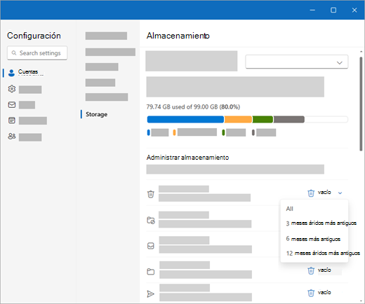 Captura de pantalla de la configuración de almacenamiento.