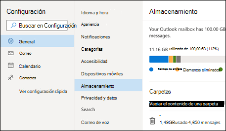 Menú Almacenamiento de carpetas para Outlook Web App.