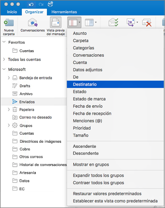Ordenar el correo de diferentes maneras haciendo clic en Organizar > por > y seleccionando en la lista de opciones